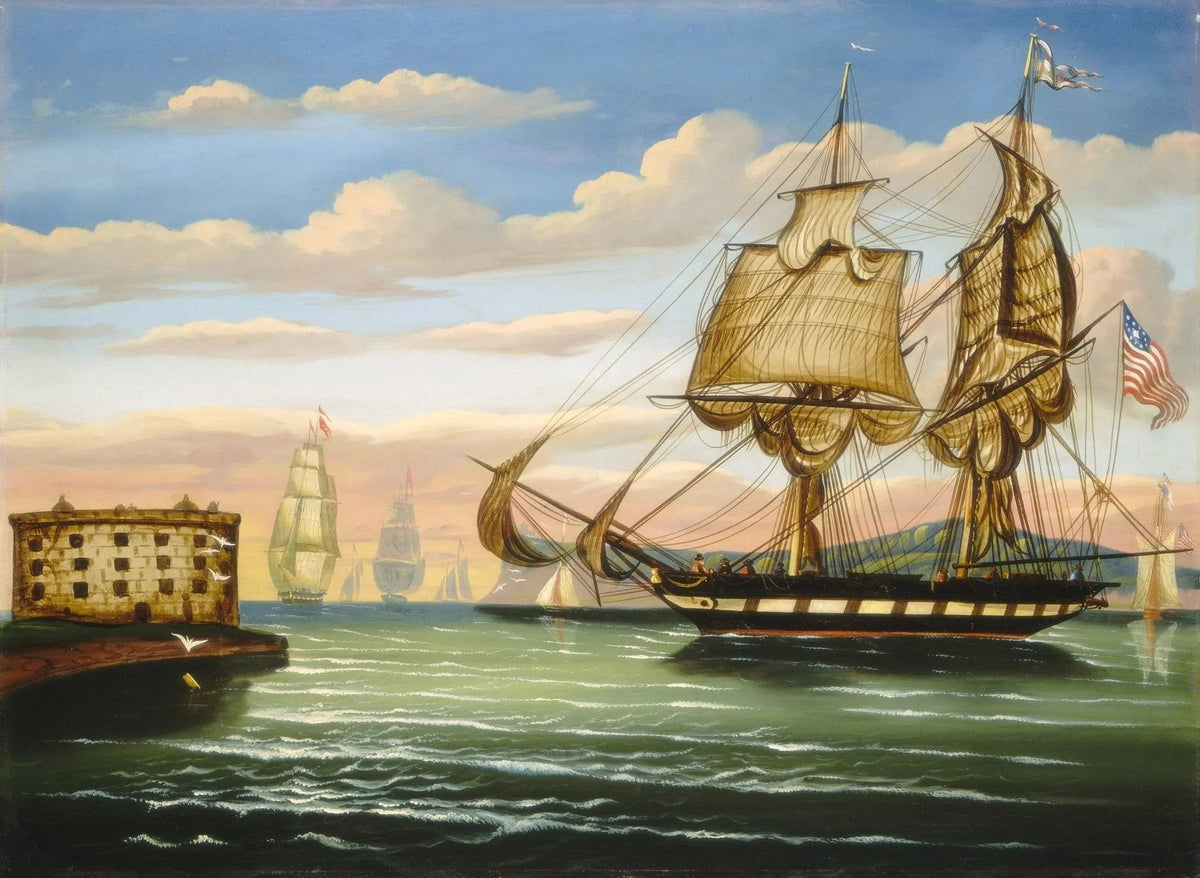 Hand-painted sailing ship by coastal fort nautical oil painting on canvas