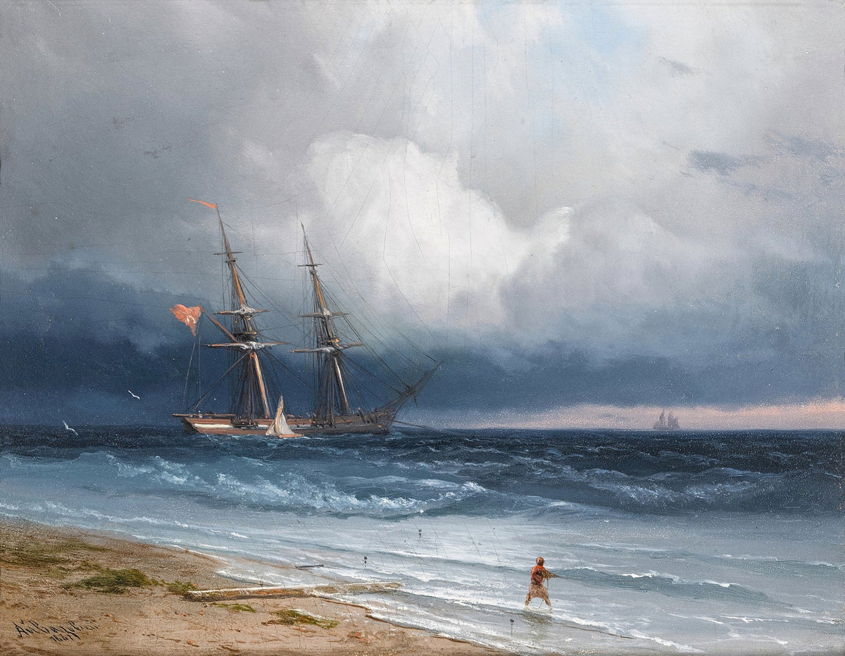 Hand-painted sailing ship near stormy coast nautical oil painting on canvas