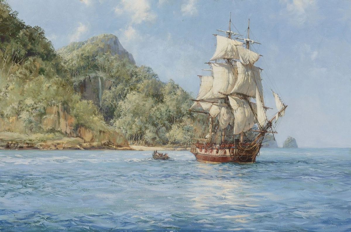 Hand-painted sailing ship near tropical coast nautical oil painting on canvas