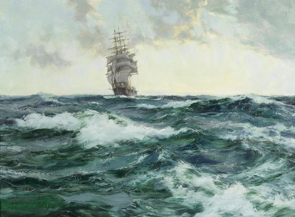 Hand-painted sailing ship on rough sea nautical oil painting on canvas