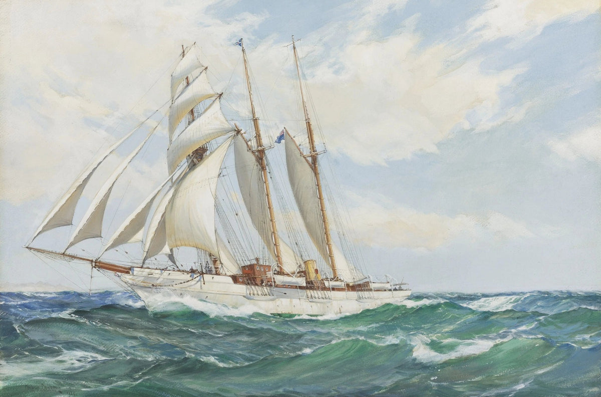 Hand-painted sailing ship on turbulent sea nautical oil painting on canvas