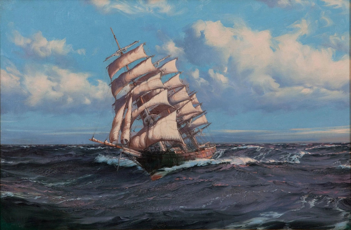 Hand-painted sailing ship on turbulent sea nautical oil painting on canvas