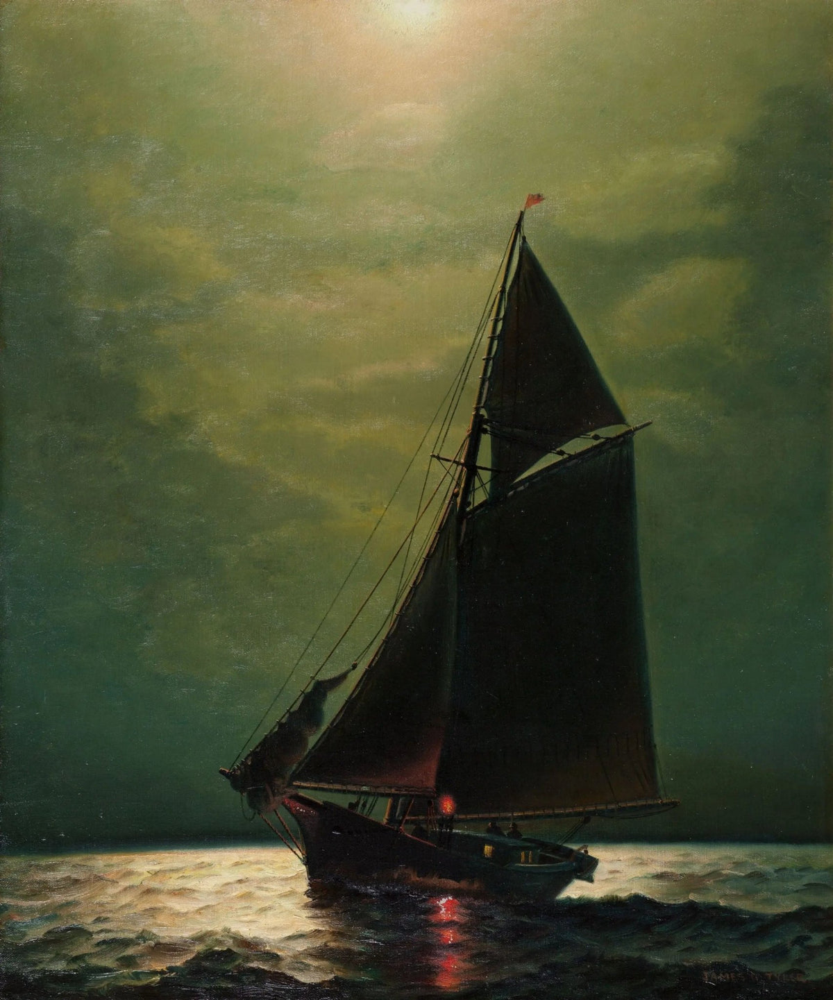 Hand-painted sailing ship under moonlit sea nautical oil painting on canvas