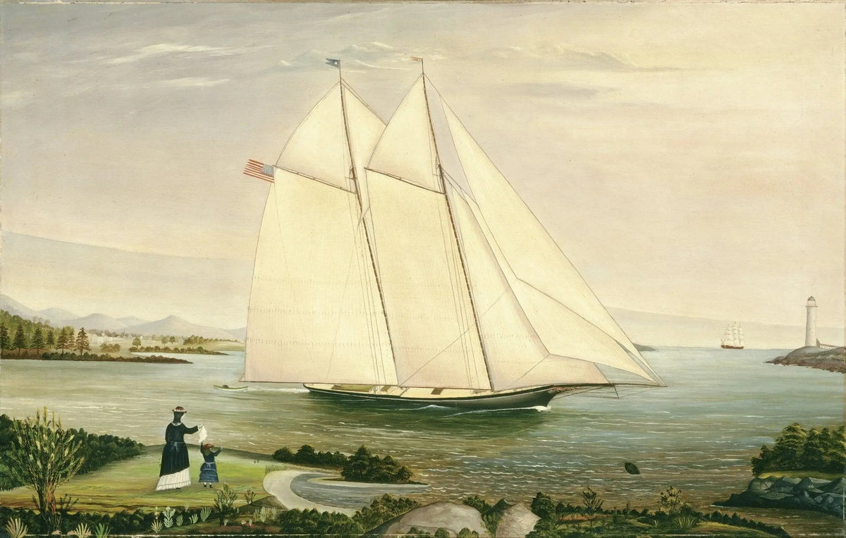 Hand-painted sailing ship with figures on coast nautical oil painting on canvas
