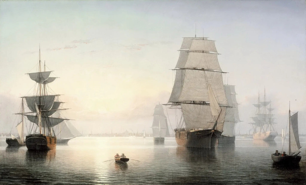Hand-painted sailing ships at calm harbor nautical oil painting on canvas