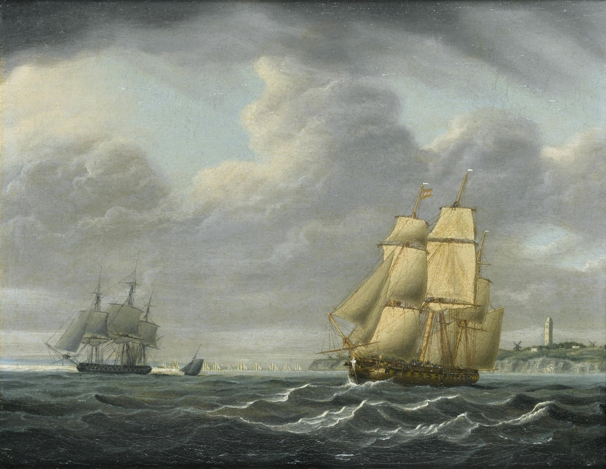 Hand-painted sailing ships by coast under gray clouds nautical oil painting on canvas