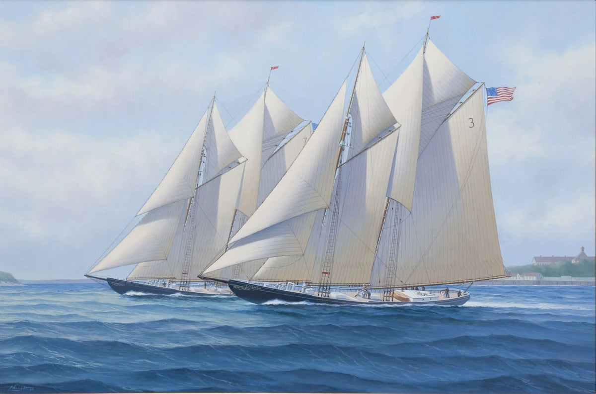 Hand-painted sailing ships in coastal race nautical oil painting on canvas