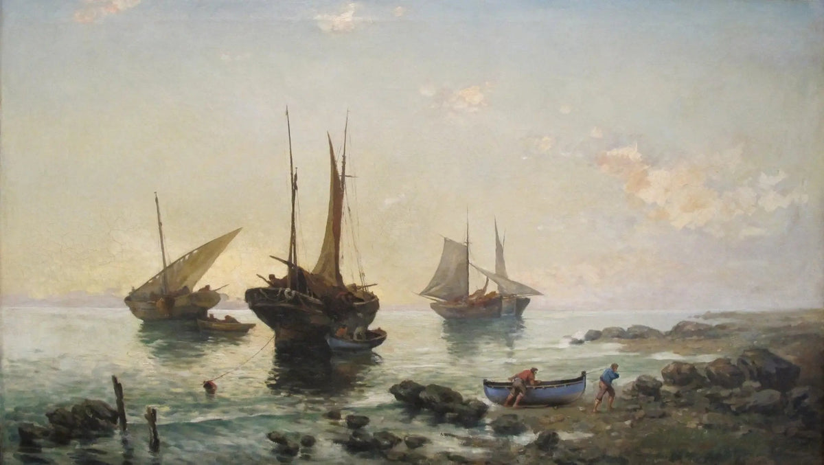 Hand-painted sailing ships on calm coastal waters nautical oil painting on canvas