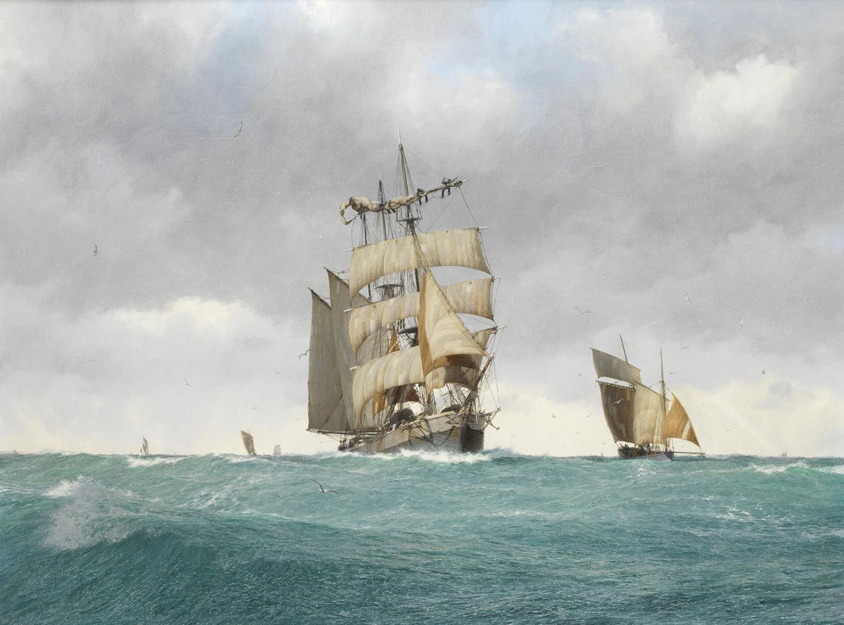 Hand-painted sailing ships on turbulent sea nautical oil painting on canvas