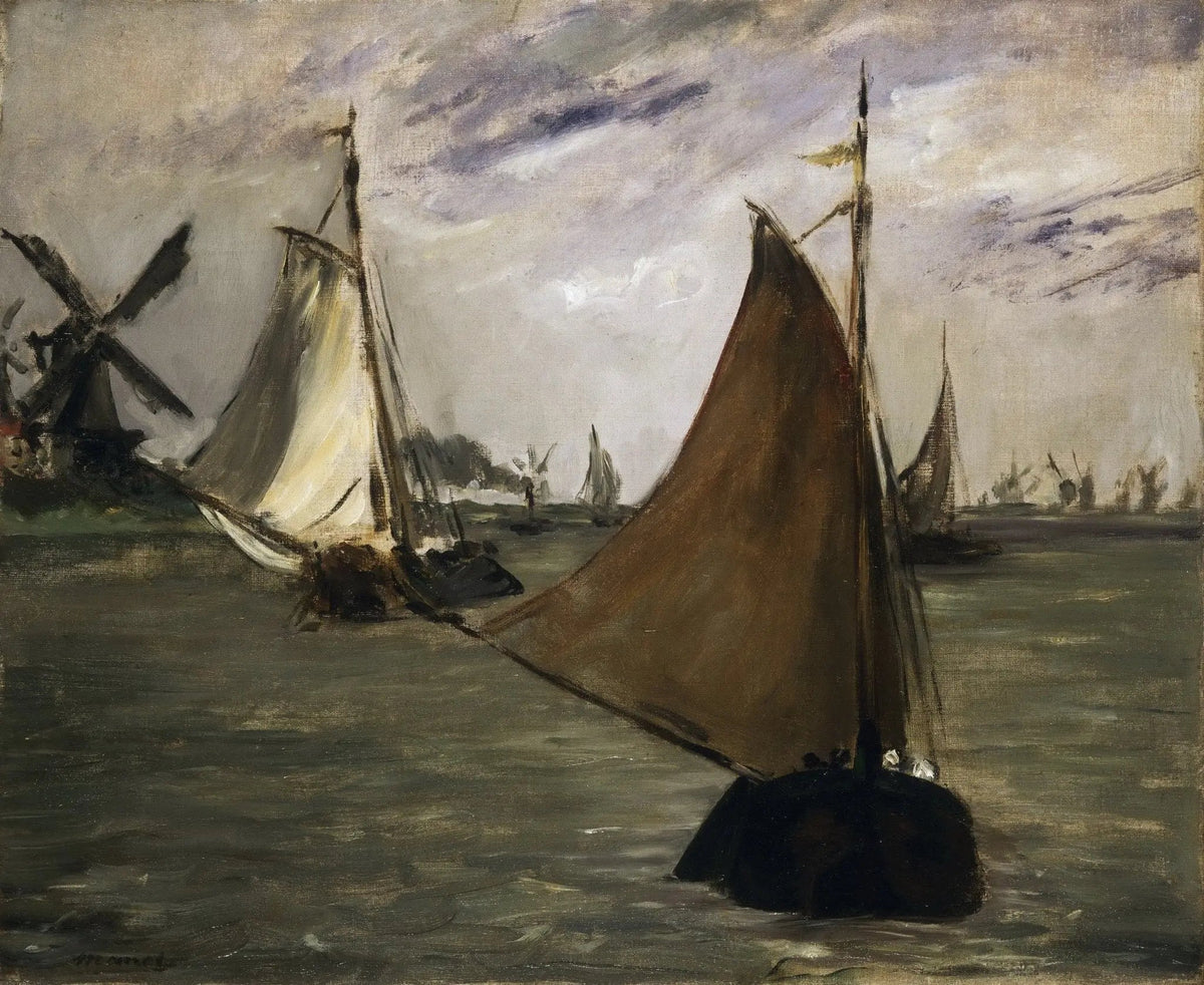 Hand-painted sailing ships with windmills on coast nautical oil painting on canvas