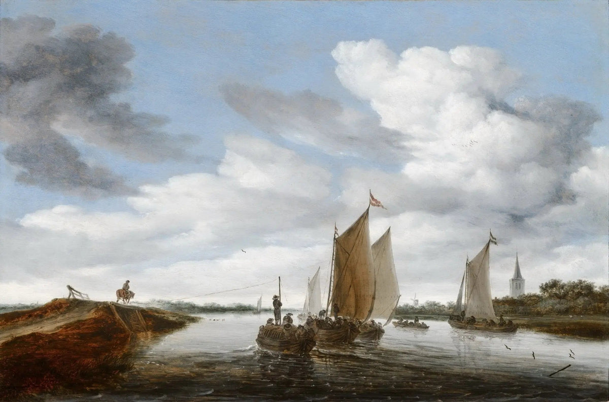 Hand-painted sailing vessels on a river nautical oil painting on canvas