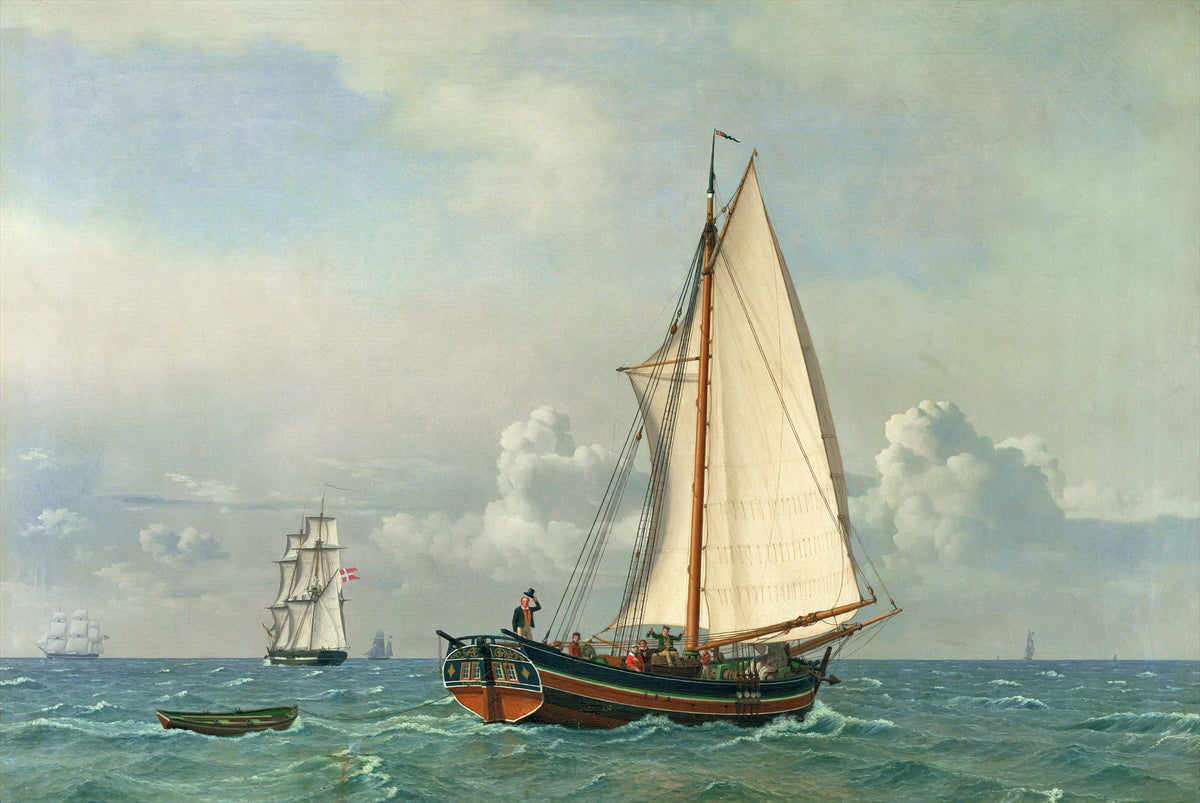 Hand-painted sailing yacht with distant tall ships nautical oil painting on canvas