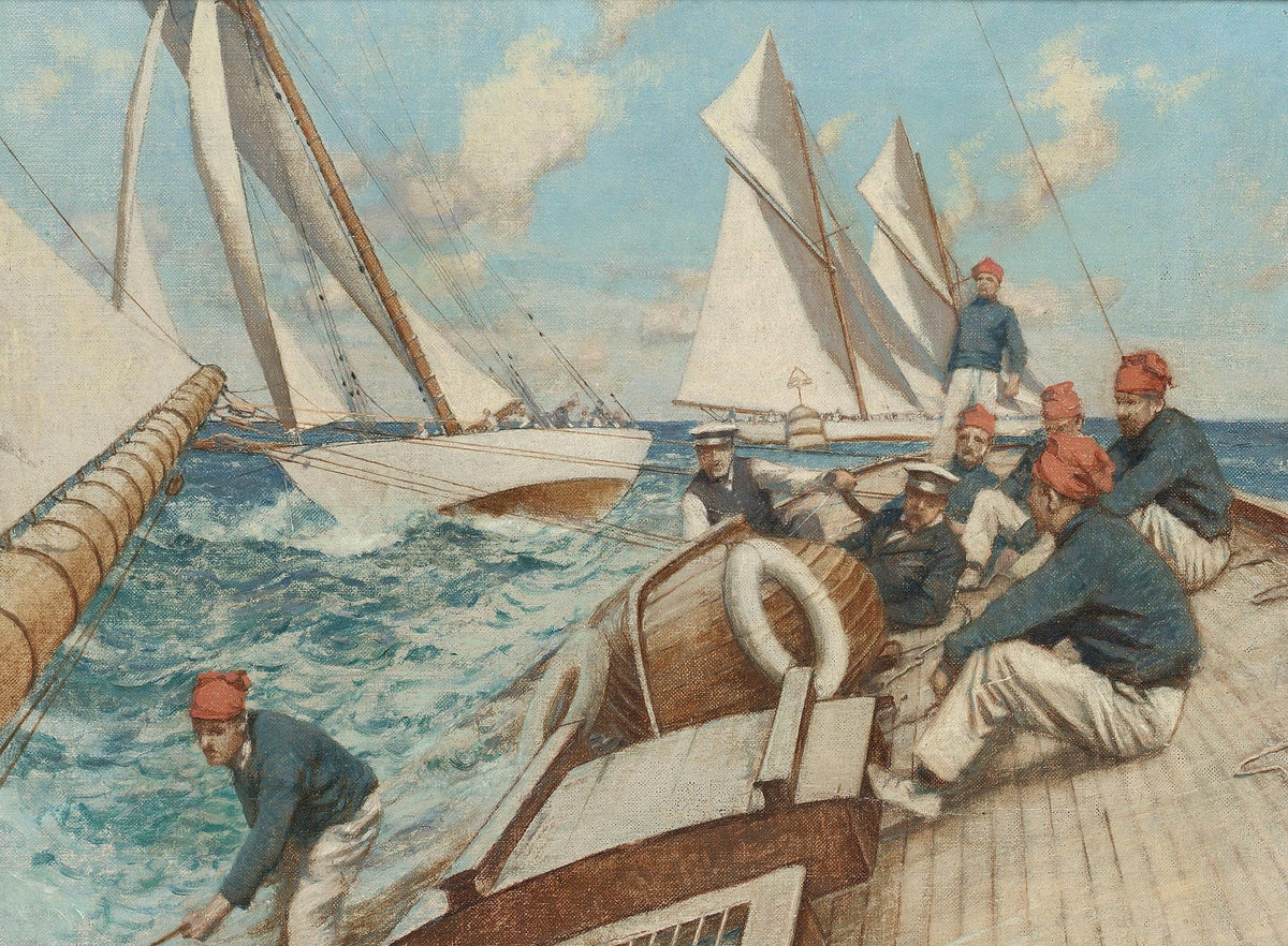 Hand-painted sailors at work on a racing yacht nautical oil painting on canvas