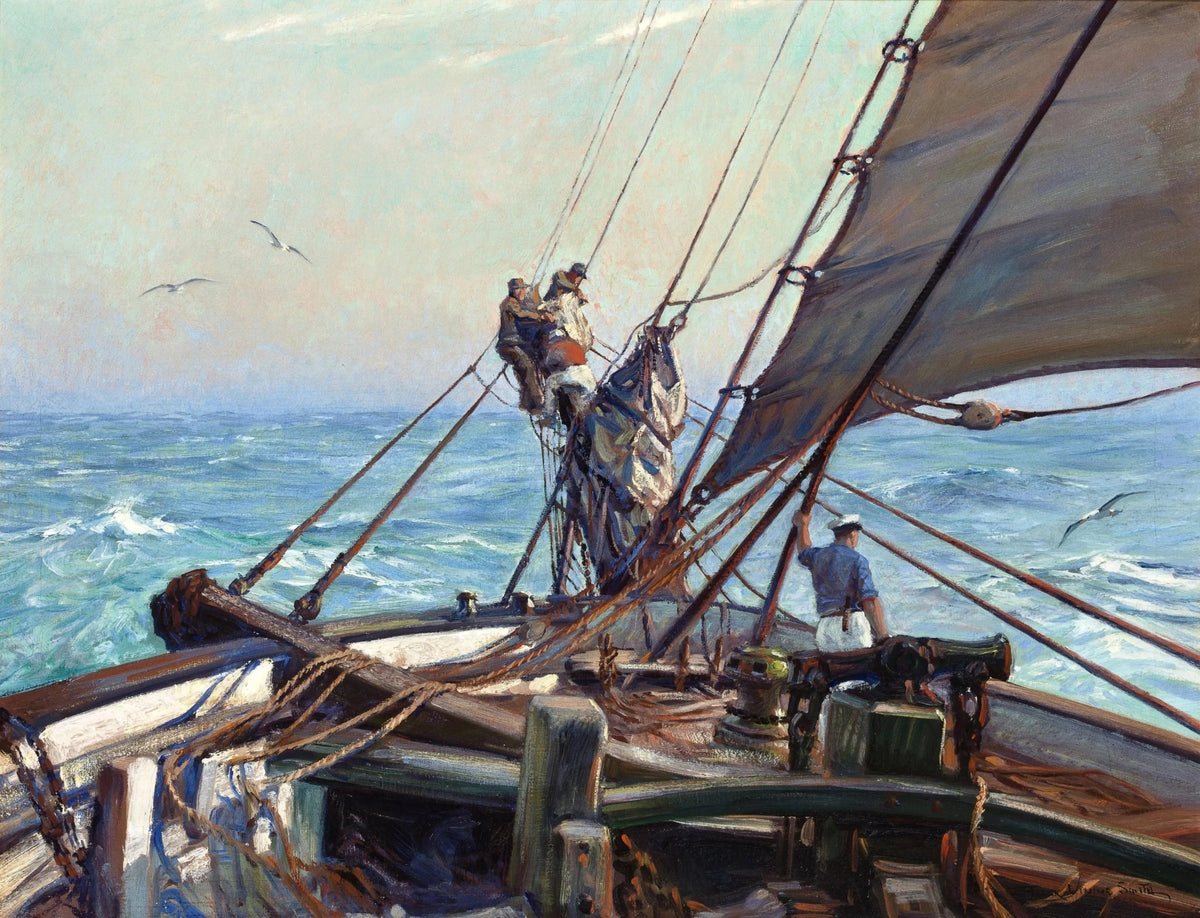 Hand-painted sailors working on ship deck nautical oil painting on canvas