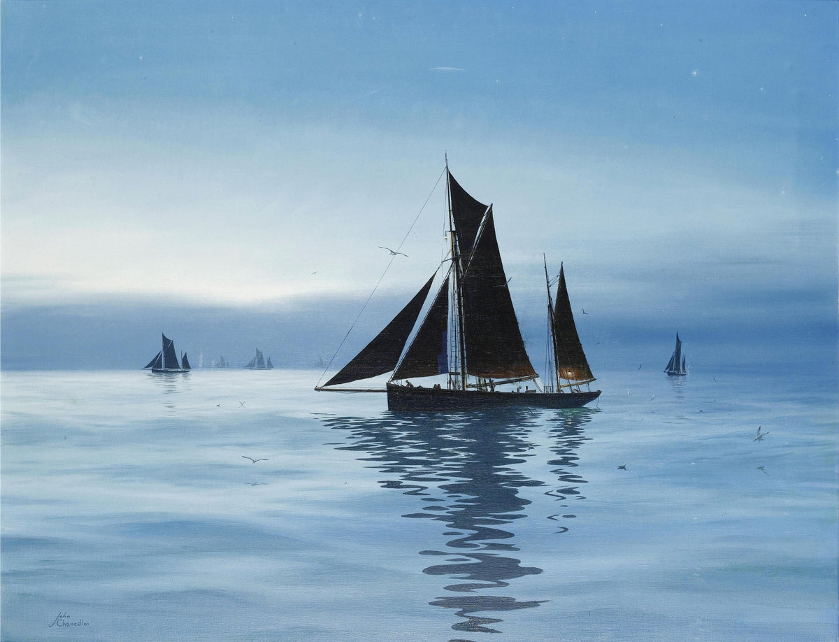 Hand-painted schooner at blue dawn on still sea nautical oil painting on canvas