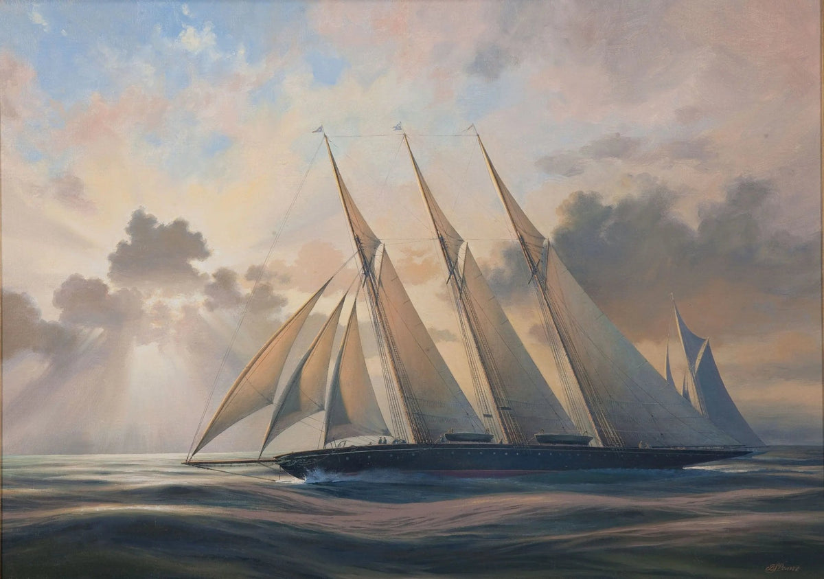 Hand-painted schooner at sunset sea nautical oil painting on canvas