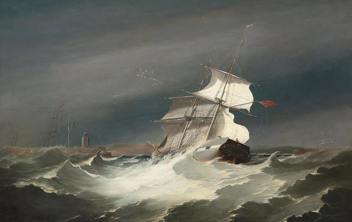 Hand-painted schooner in storm waves by harbor light nautical oil painting on canvas