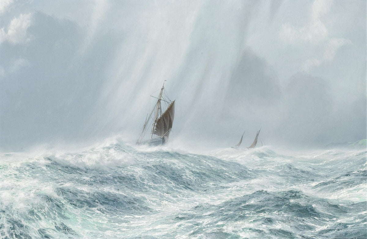 Hand-painted schooner in stormy sea with high waves nautical oil painting on canvas