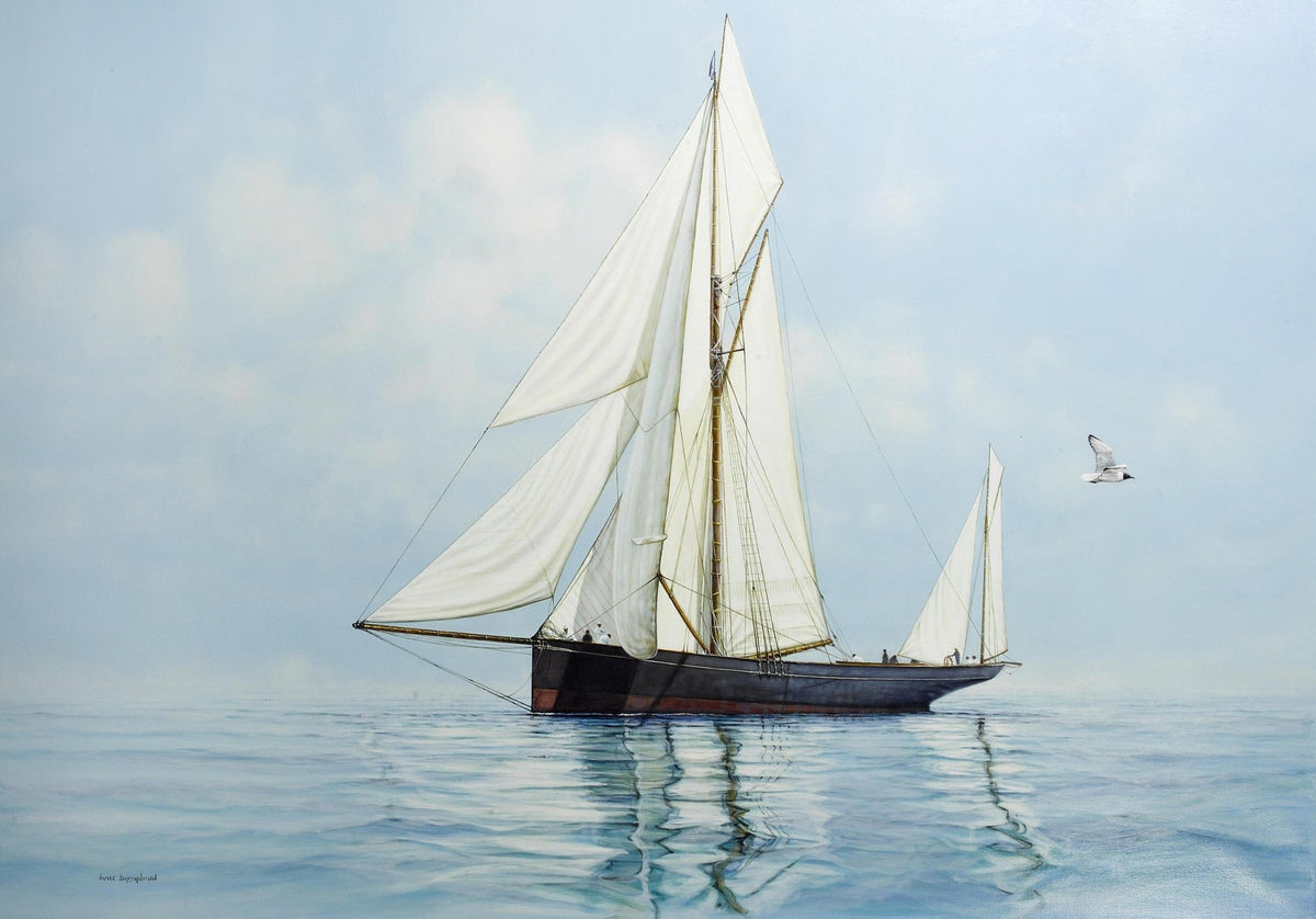 Hand-painted schooner on calm sea with white sails nautical oil painting on canvas