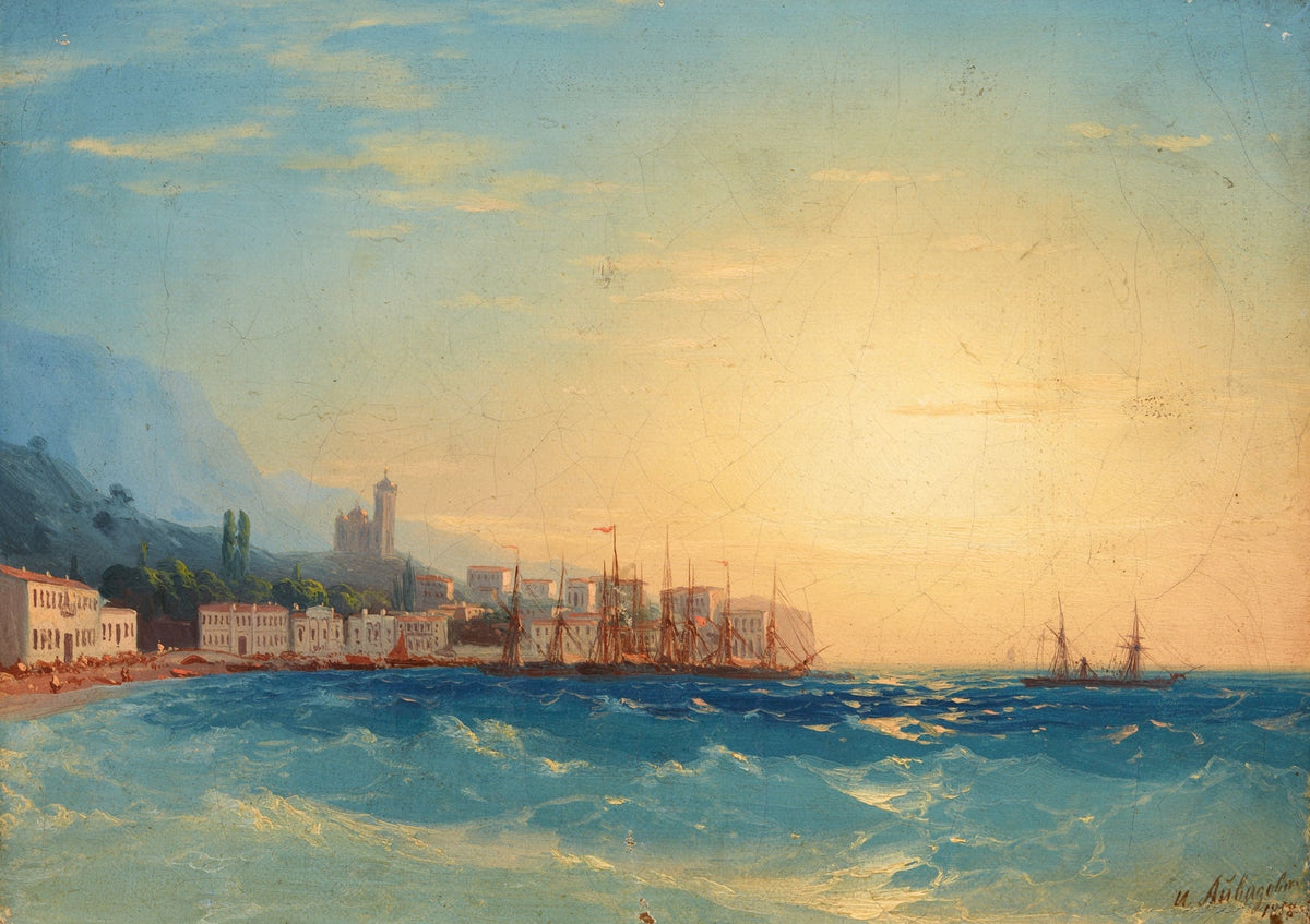 Hand-painted seaside harbor at sunset nautical oil painting on canvas