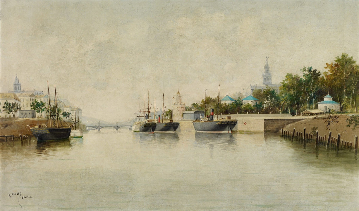 Hand-painted seville harbor boats on calm water nautical oil painting on canvas