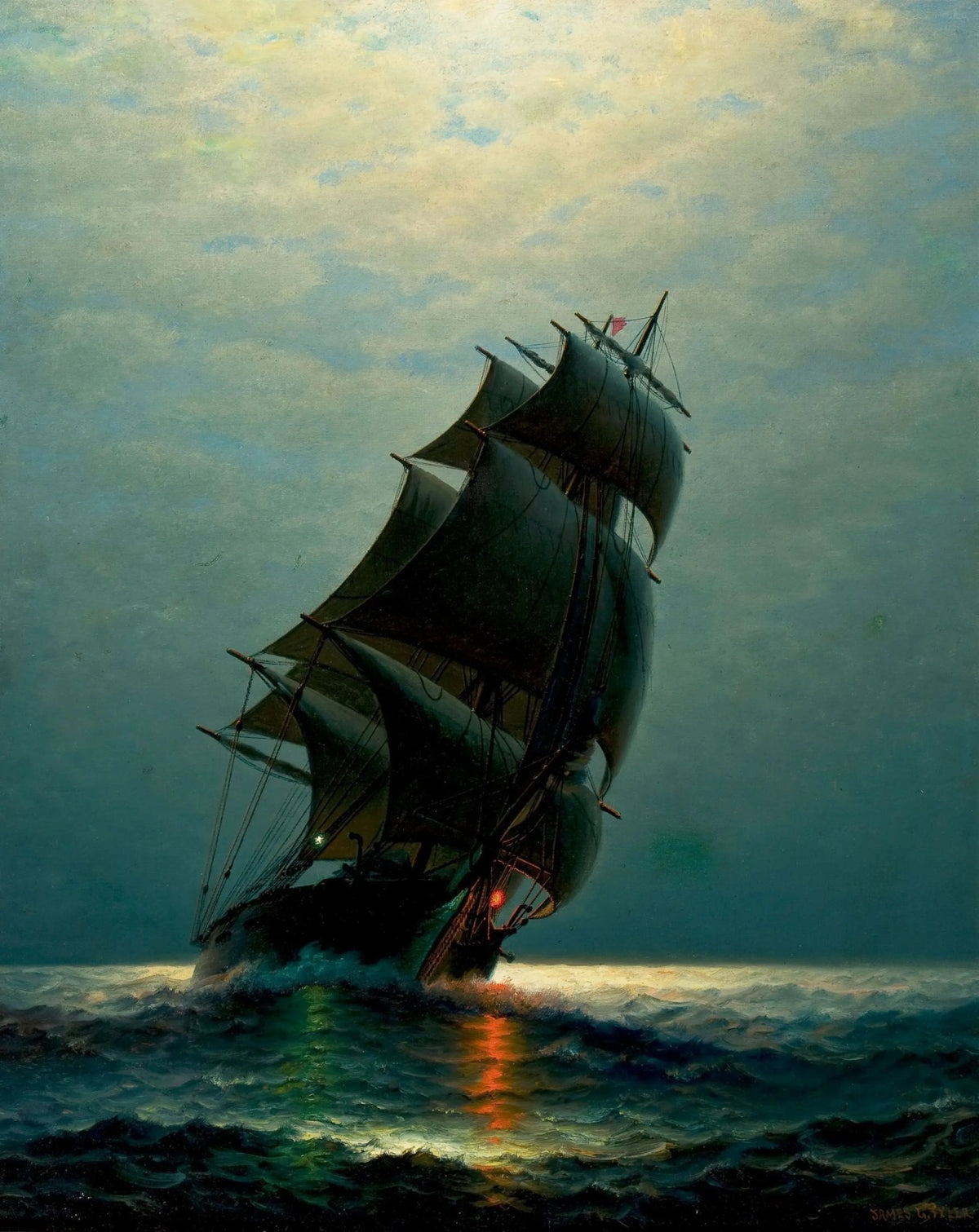 Hand-painted ship in stormy night sea nautical oil painting on canvas