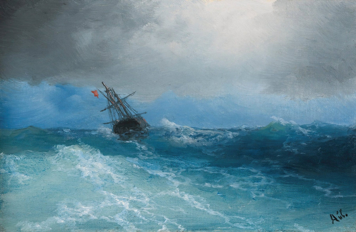 Hand-painted ship in stormy ocean nautical oil painting on canvas