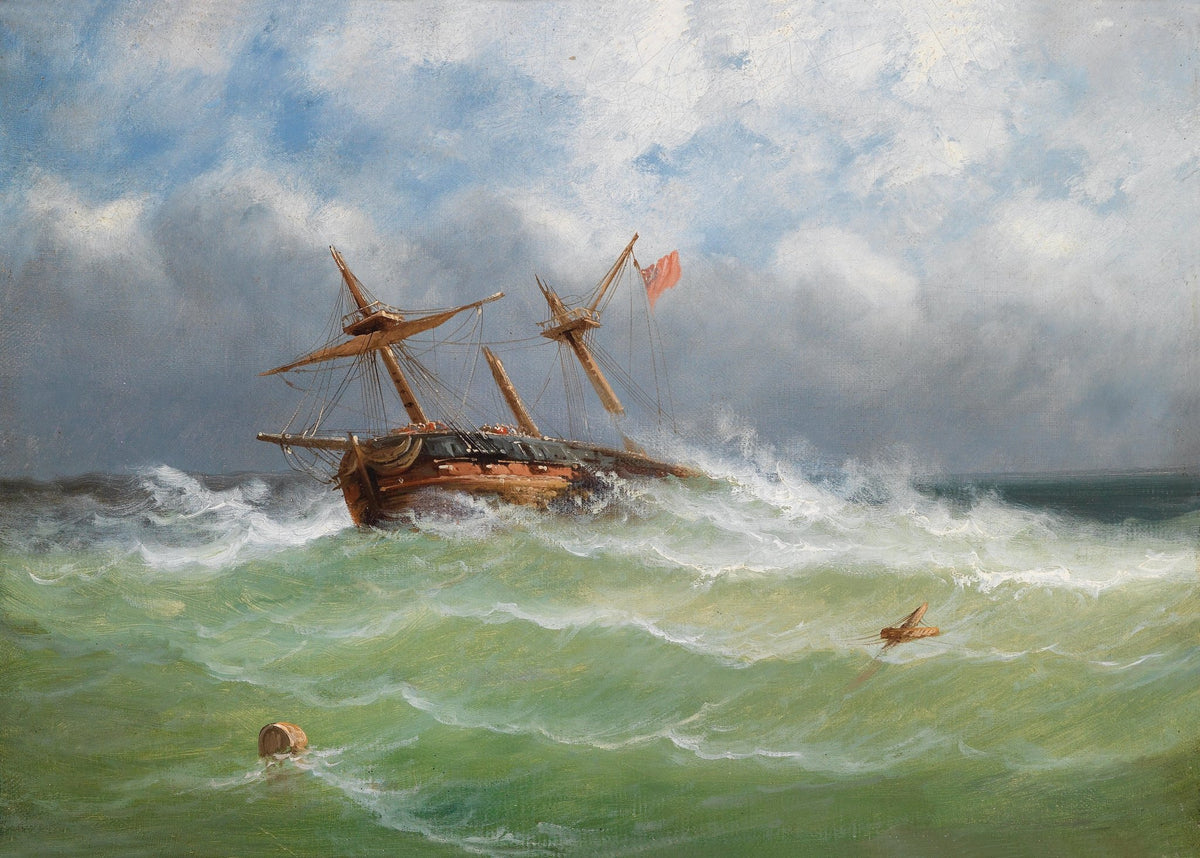 Hand-painted ship in stormy sea nautical oil painting on canvas