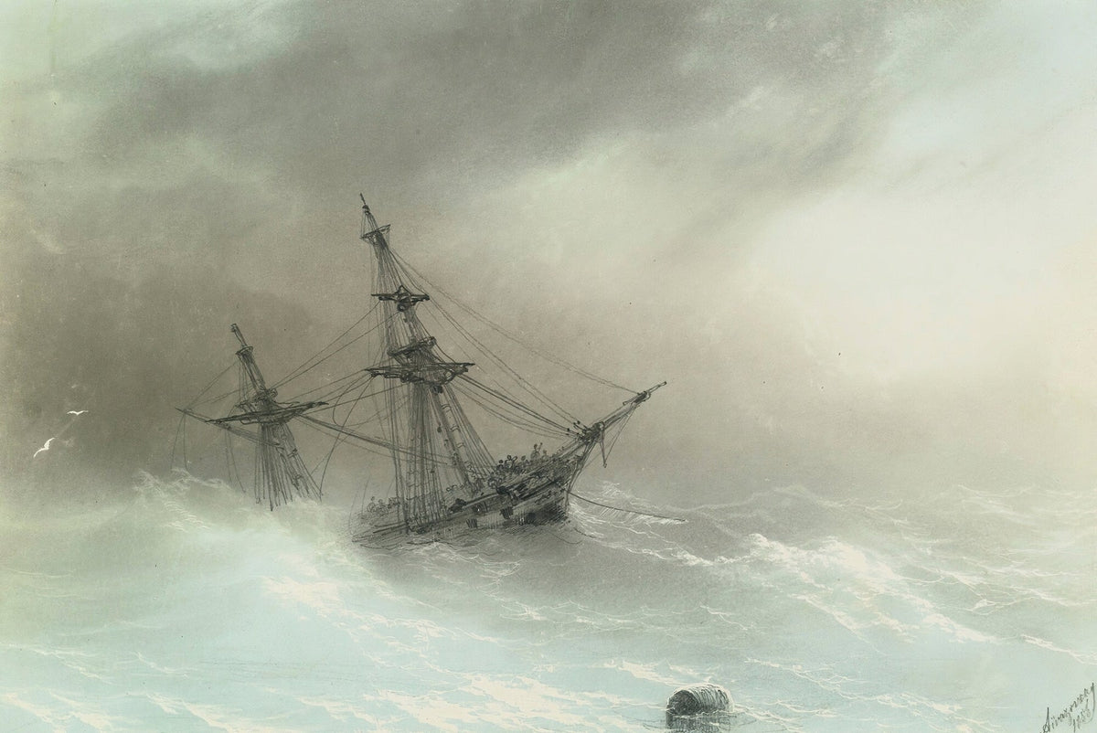 Hand-painted ship in stormy seas nautical oil painting on canvas