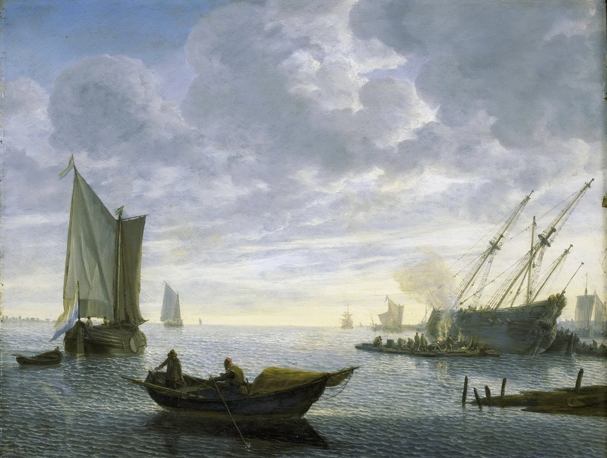 Hand-painted ship repair in a calm harbor nautical oil painting on canvas