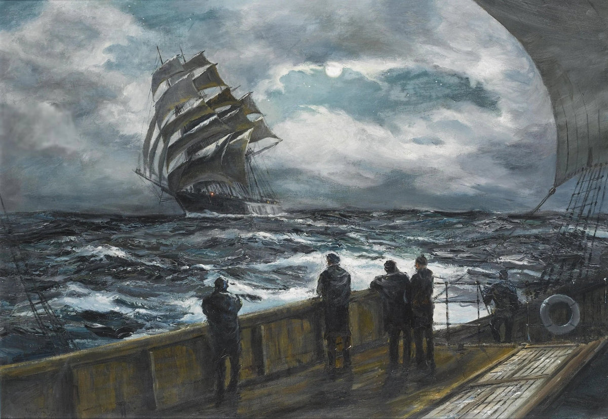 Hand-painted ship & sailors in stormy night nautical oil painting on canvas