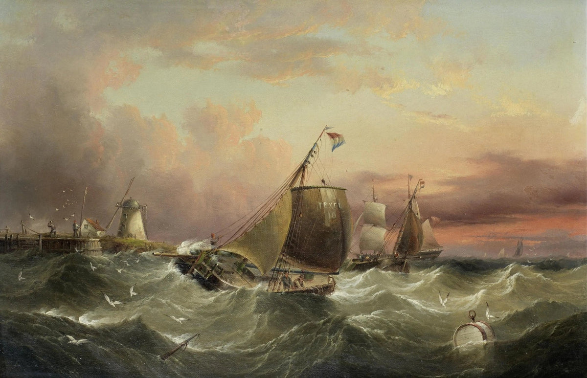 Hand-painted ships battling stormy seas nautical oil painting on canvas
