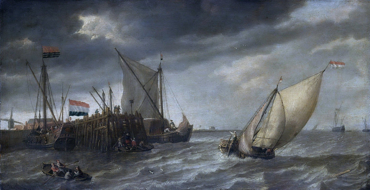 Hand-painted ships by pier in windy sea nautical oil painting on canvas