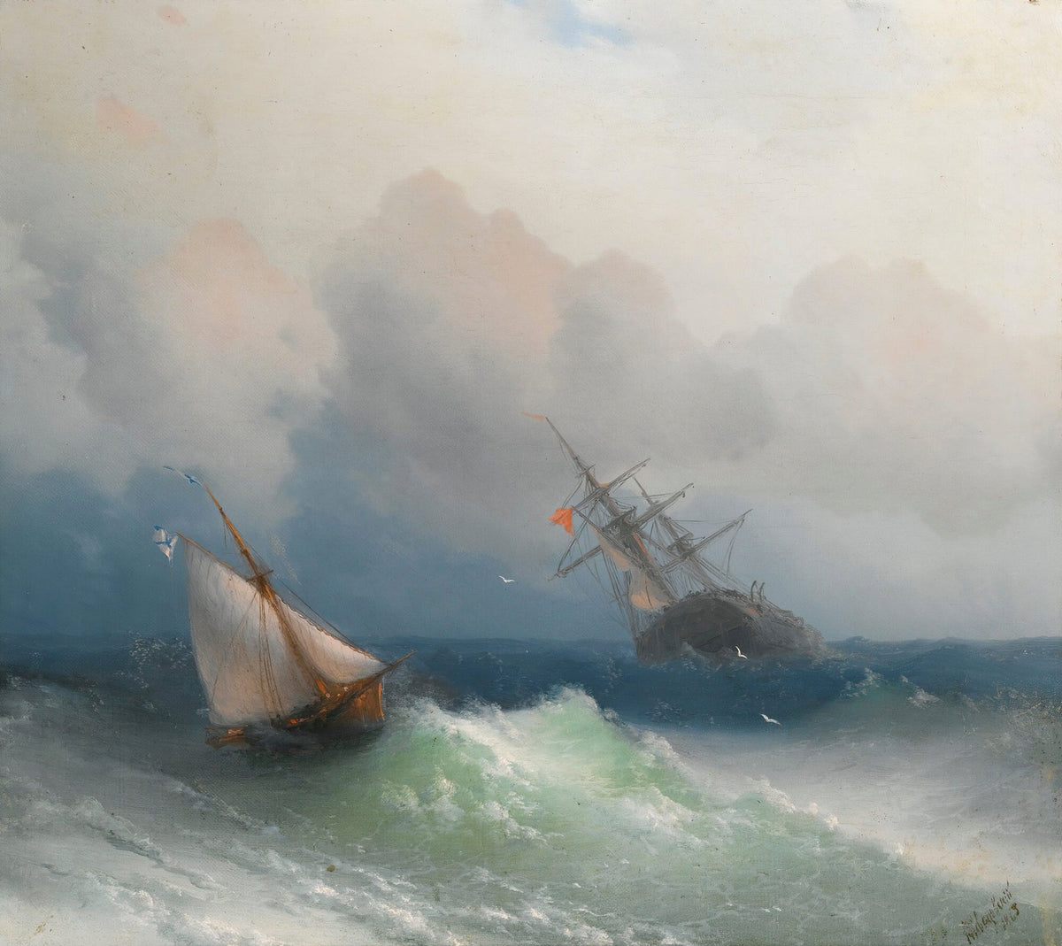 Hand-painted ships in a stormy sea nautical oil painting on canvas