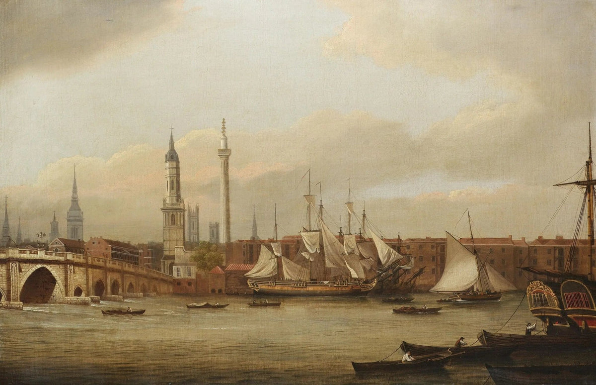 Hand-painted ships in coastal city harbor nautical oil painting on canvas