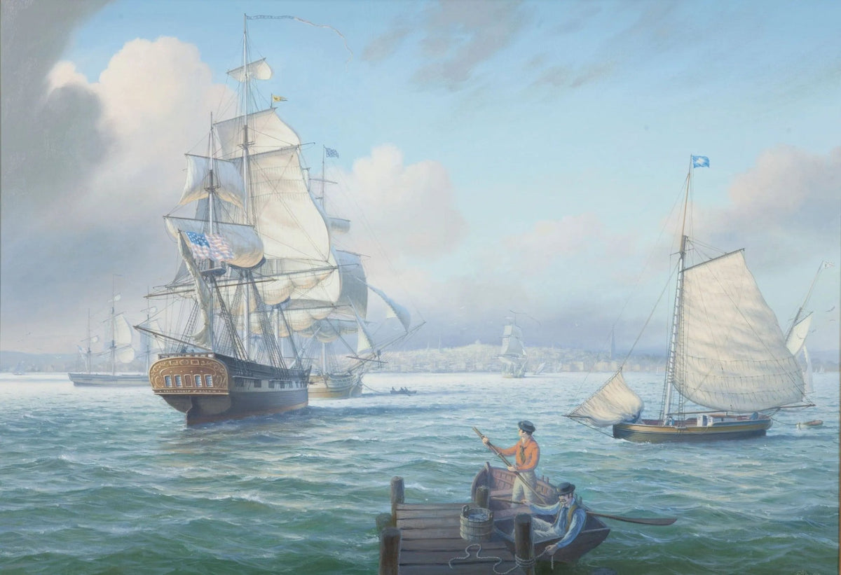 Hand-painted ships in coastal harbor nautical oil painting on canvas