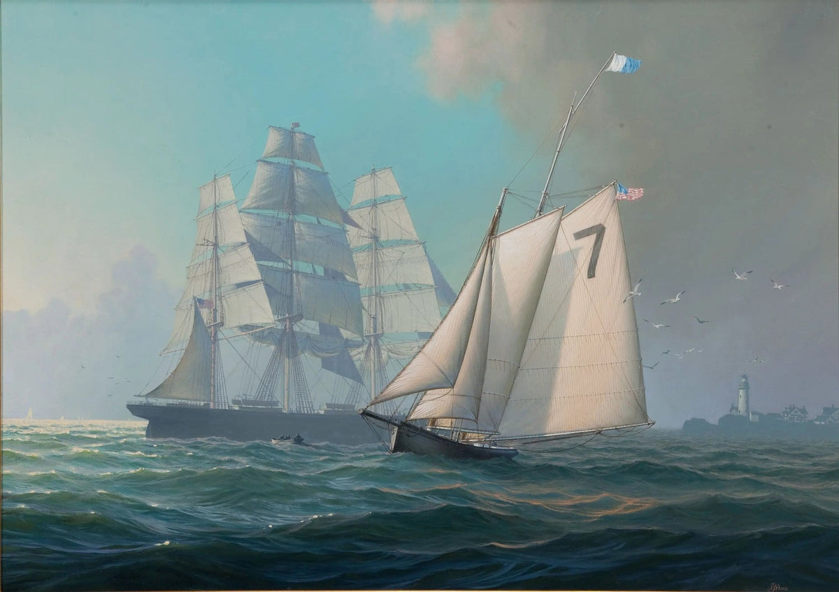 Hand-painted ships in coastal sea nautical oil painting on canvas
