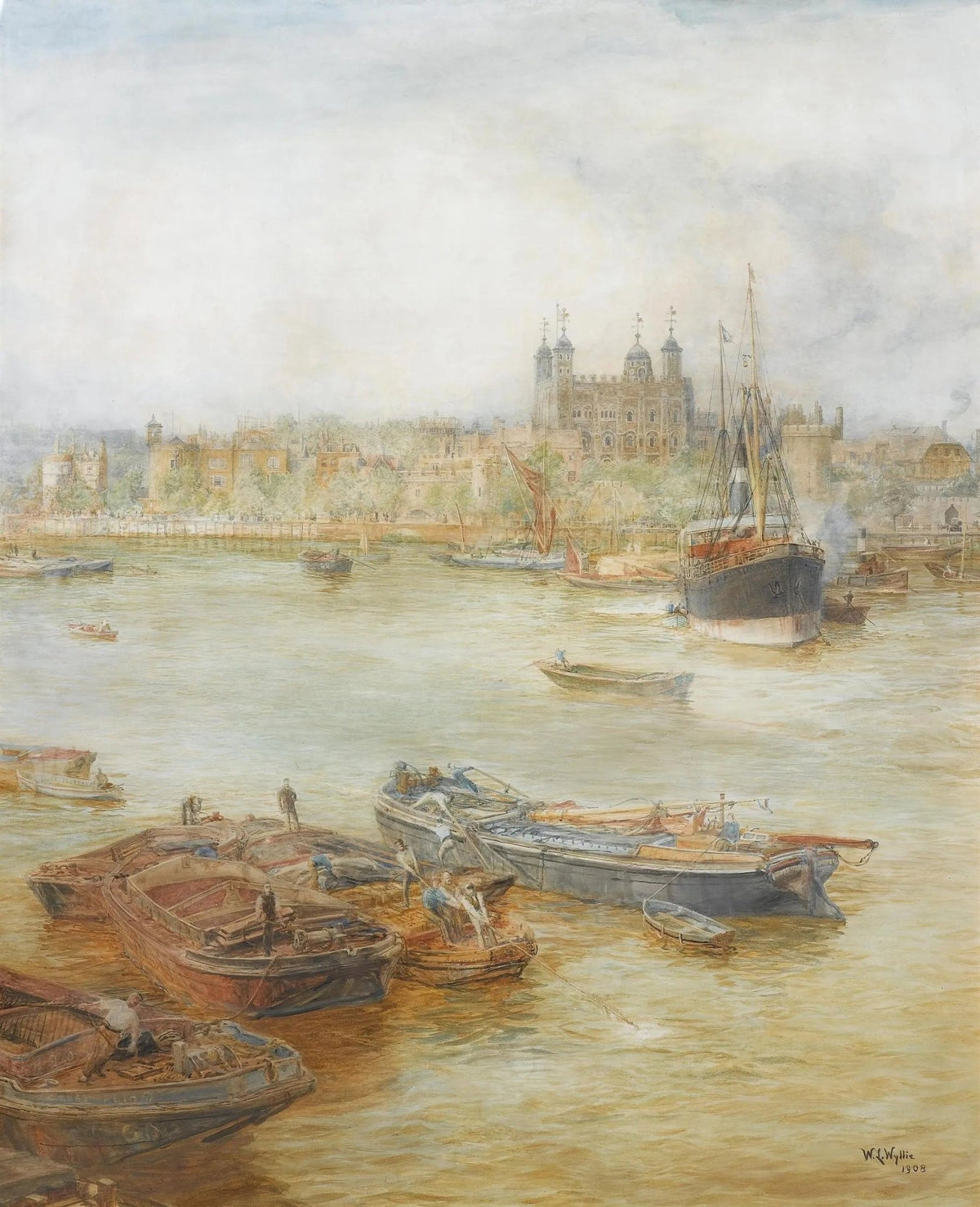 Hand-painted ships in historic harbor nautical oil painting on canvas