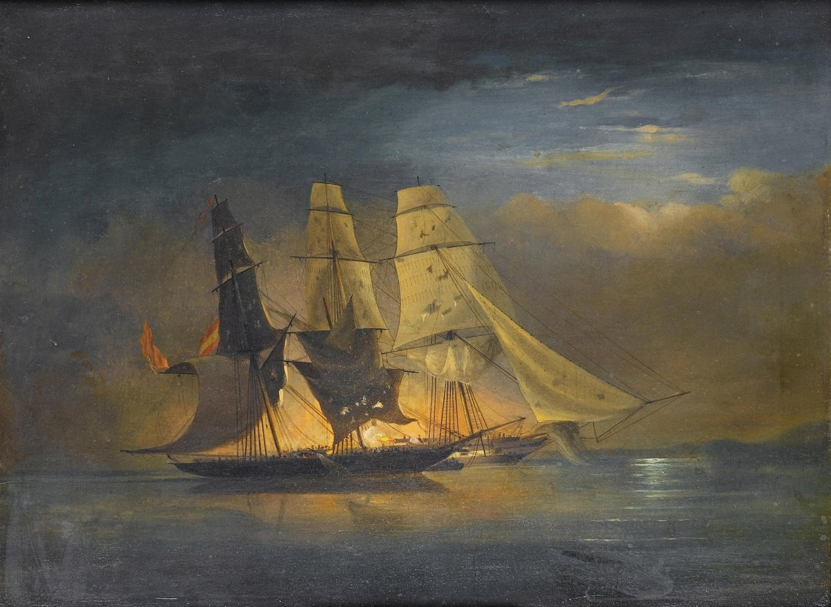 Hand-painted ships in moonlit harbor nautical oil painting on canvas