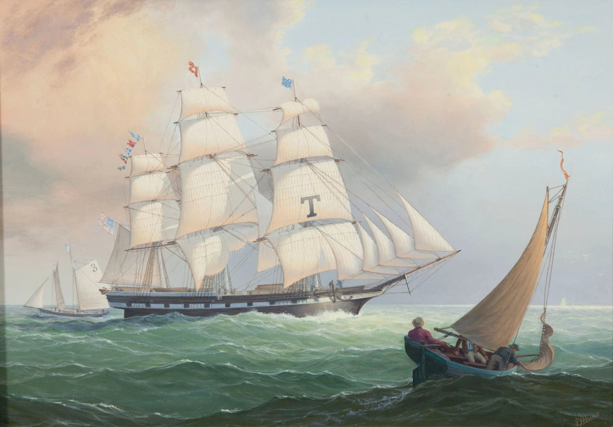 Hand-painted ships in open sea nautical oil painting on canvas
