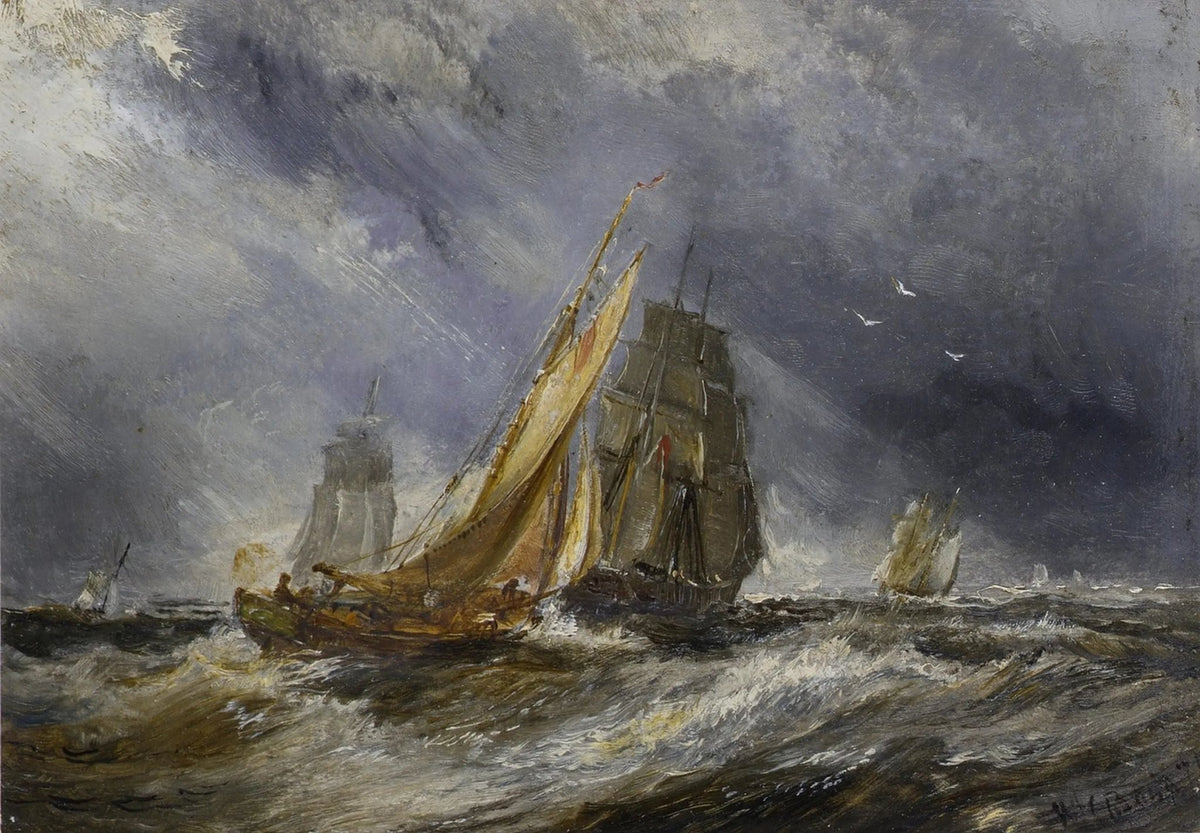 Hand-painted ships in stormy sea nautical oil painting on canvas