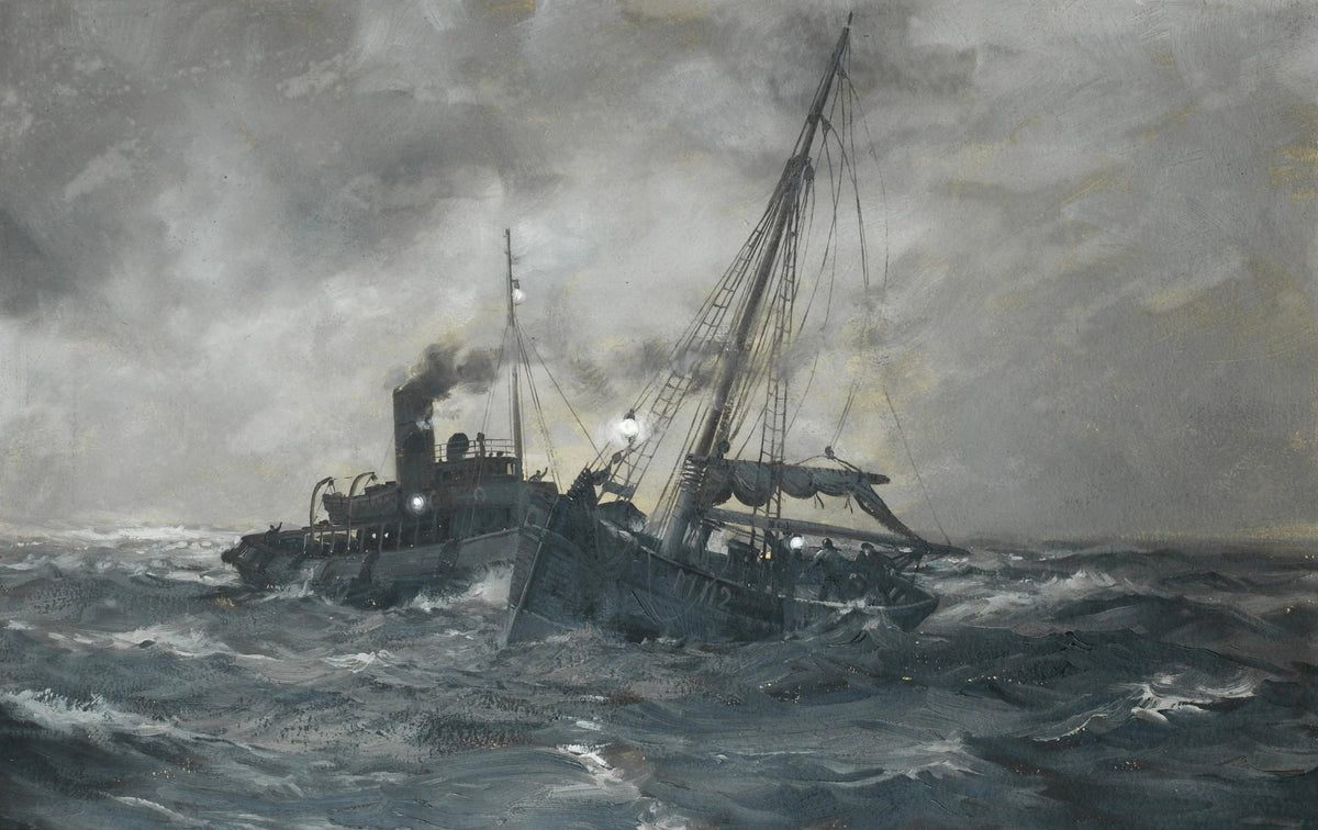 Hand-painted ships in stormy sea nautical oil painting on canvas