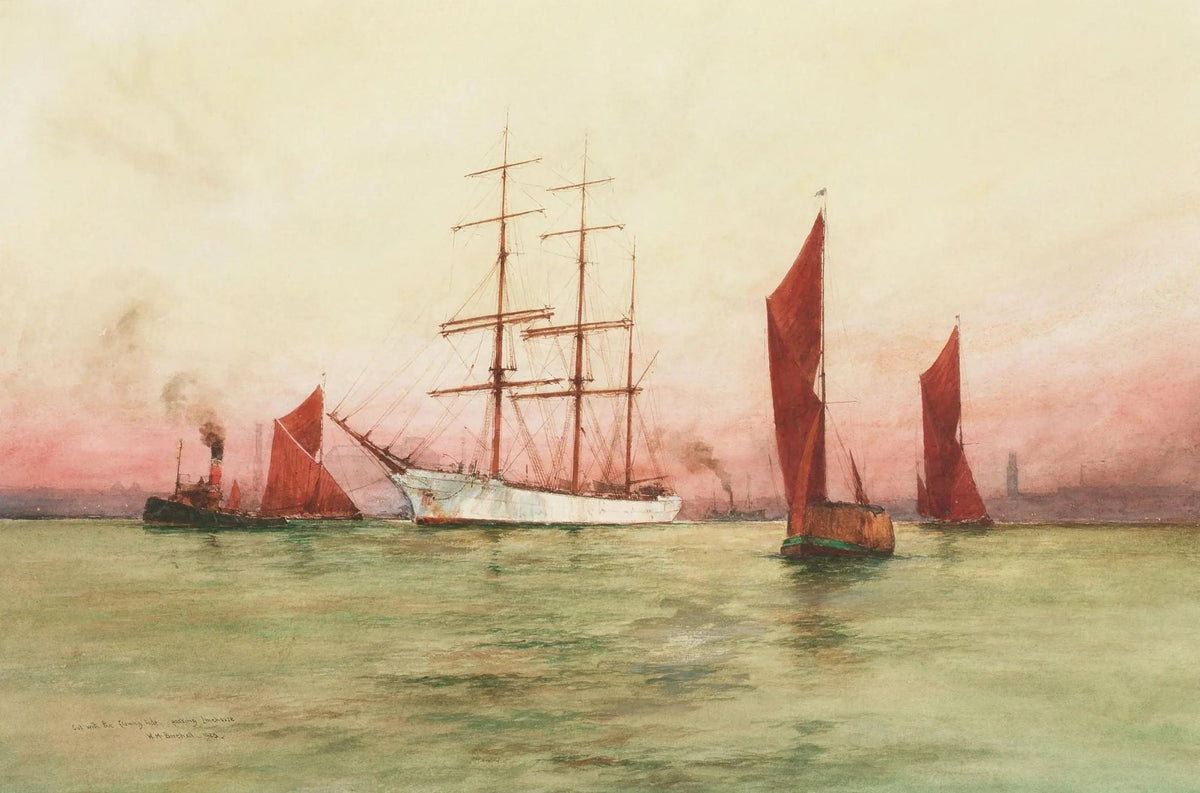 Hand-painted ships in sunset harbor nautical oil painting on canvas