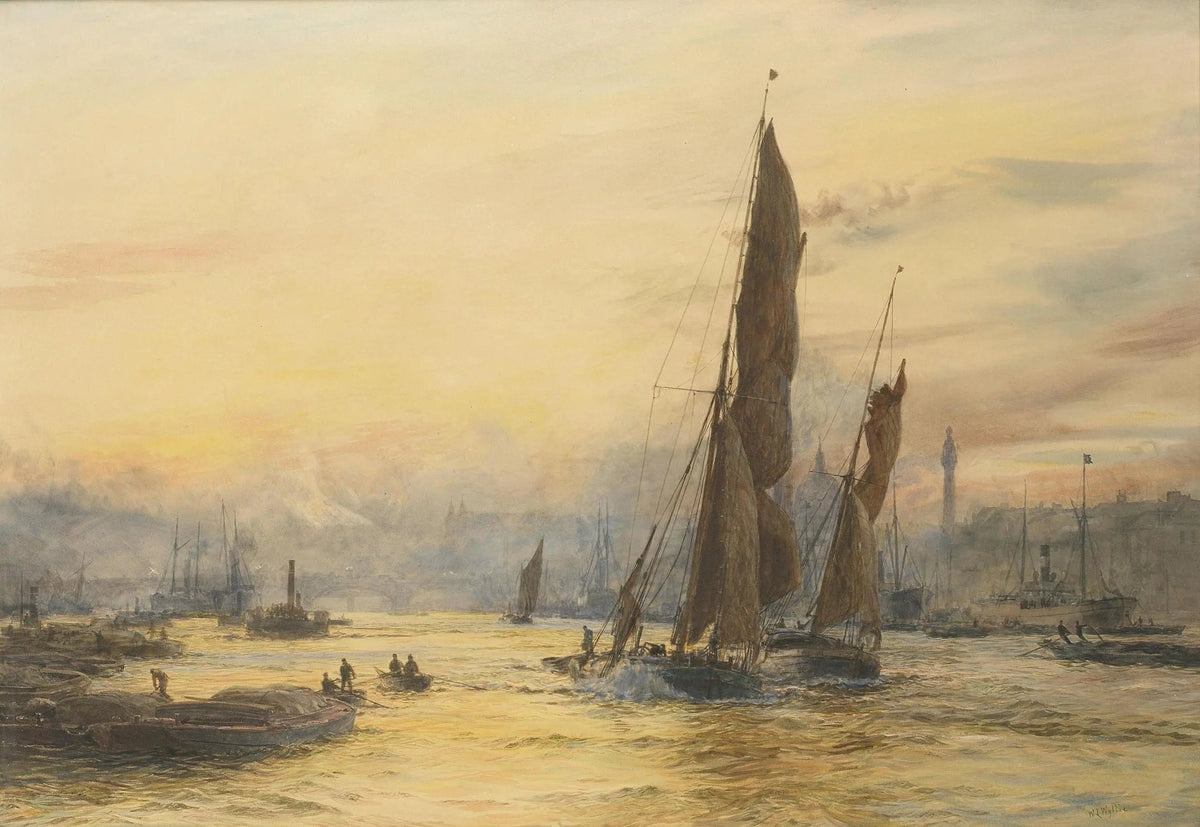 Hand-painted ships in sunset harbor nautical oil painting on canvas