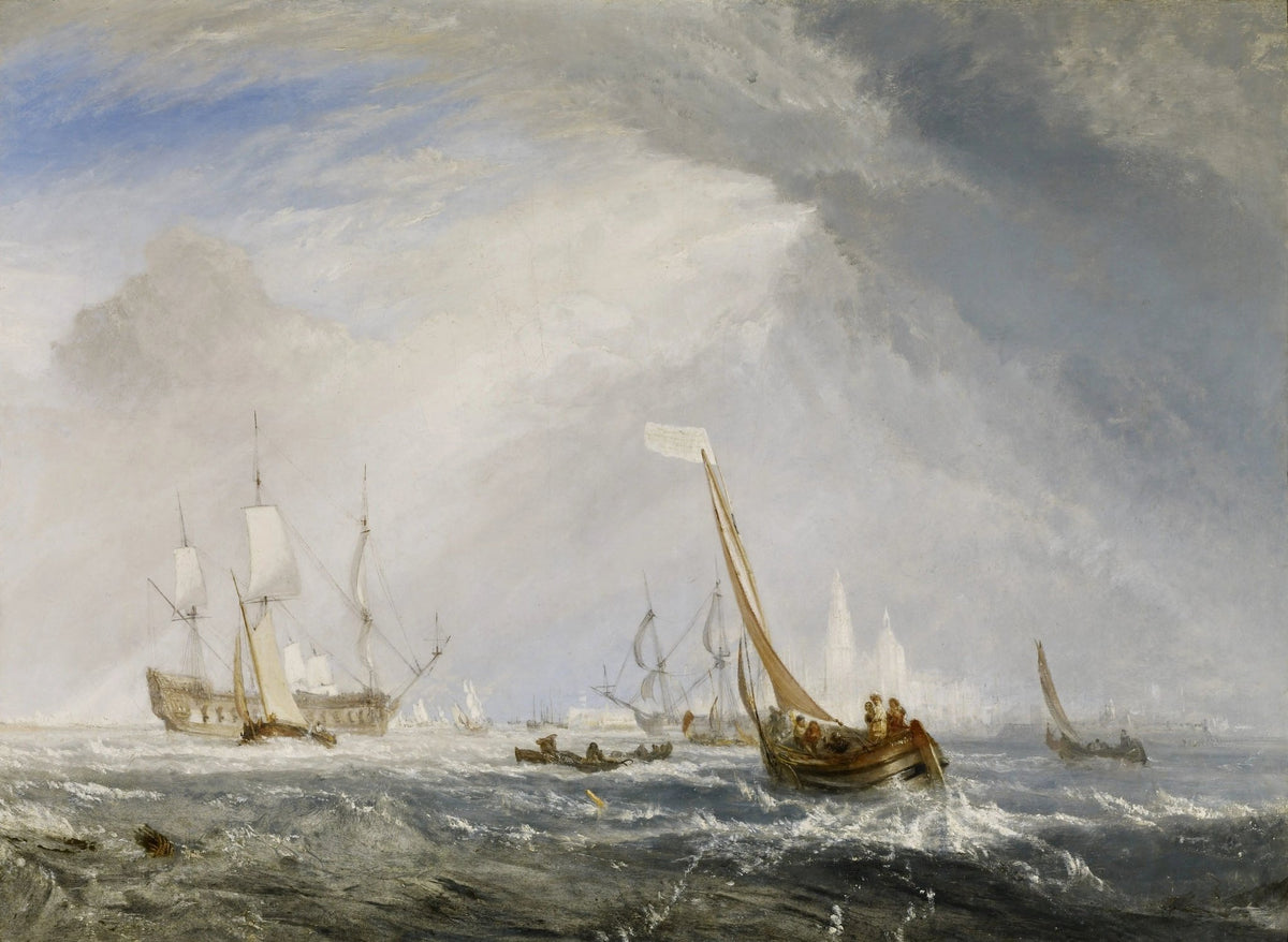 Hand-painted ships near misty coastal city nautical oil painting on canvas