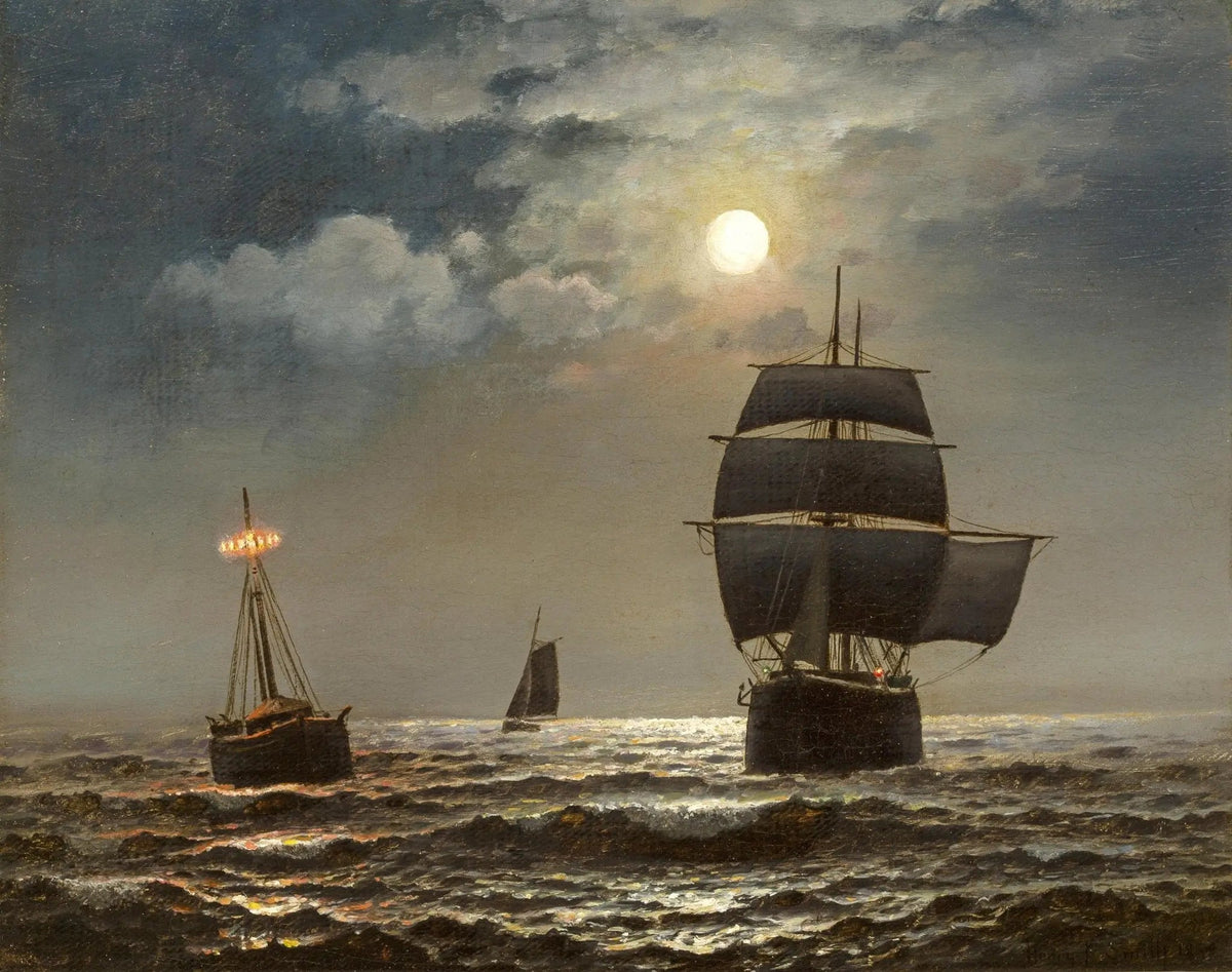 Hand-painted ships on moonlit sea nautical oil painting on canvas