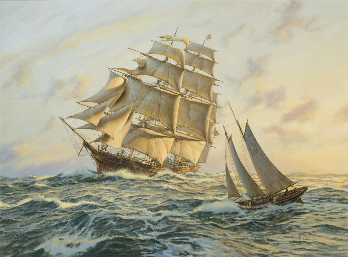 Hand-painted ships on rough sea nautical oil painting on canvas