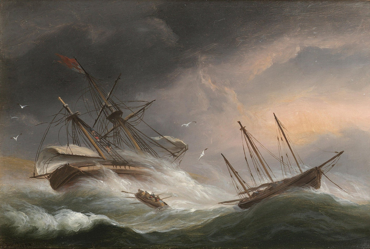 Hand-painted shipwreck and rescue boat in stormy seas nautical oil painting on canvas