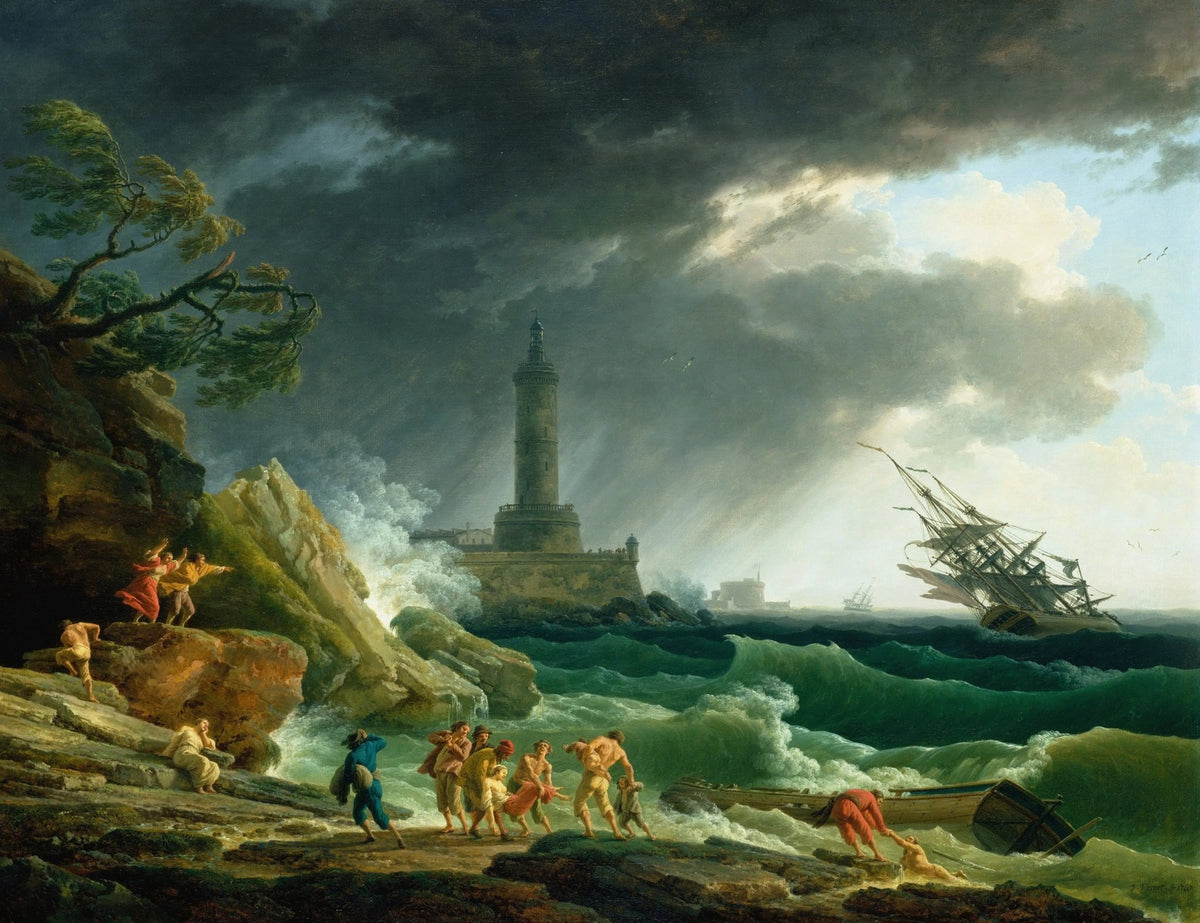 Hand-painted shipwreck at stormy lighthouse coast nautical oil painting on canvas