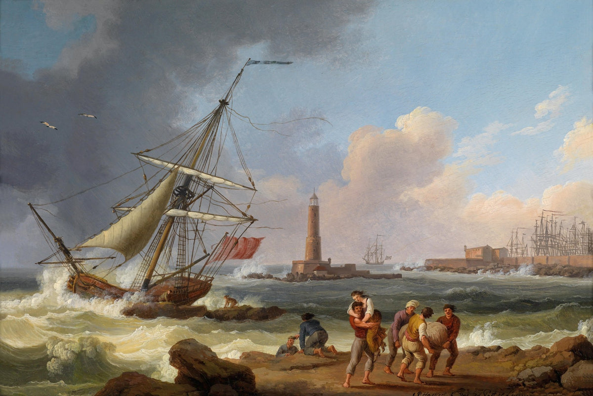 Hand-painted shipwreck by the lighthouse nautical oil painting on canvas